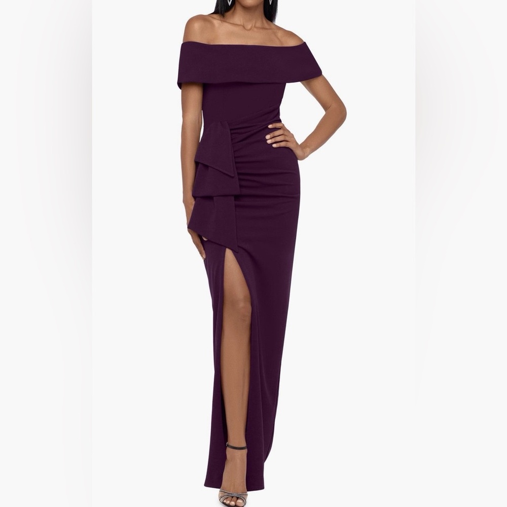 Xscape Navy Blue Off-the-shoulder Slit Dress 16 - Picture 12 of 14